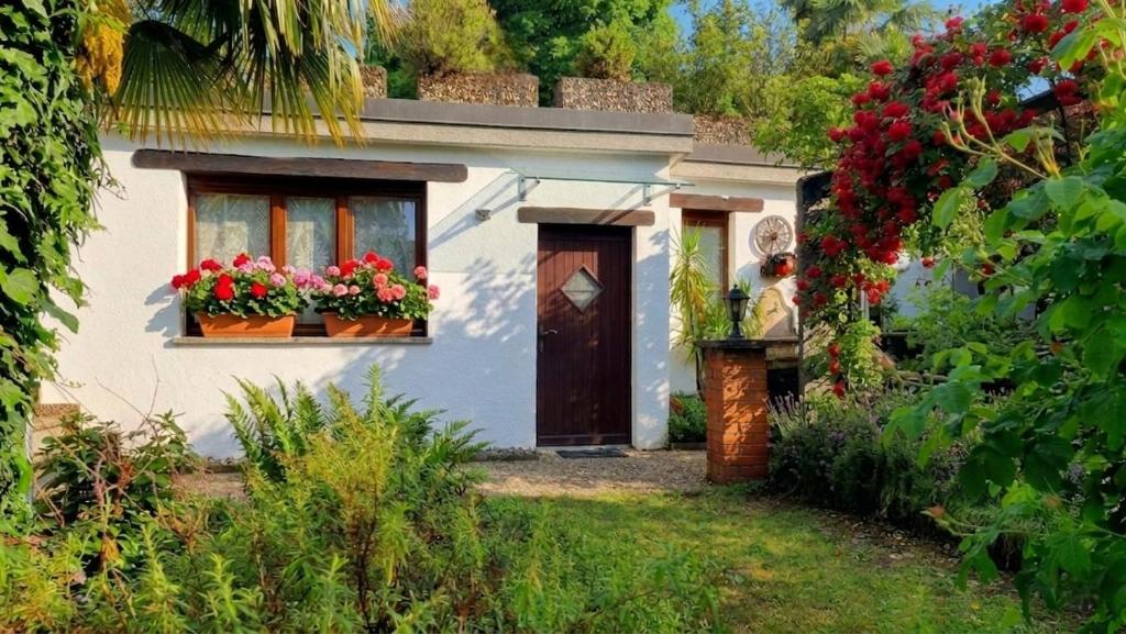 a white house with flowers in the window at Ca'Neggio in Neggio