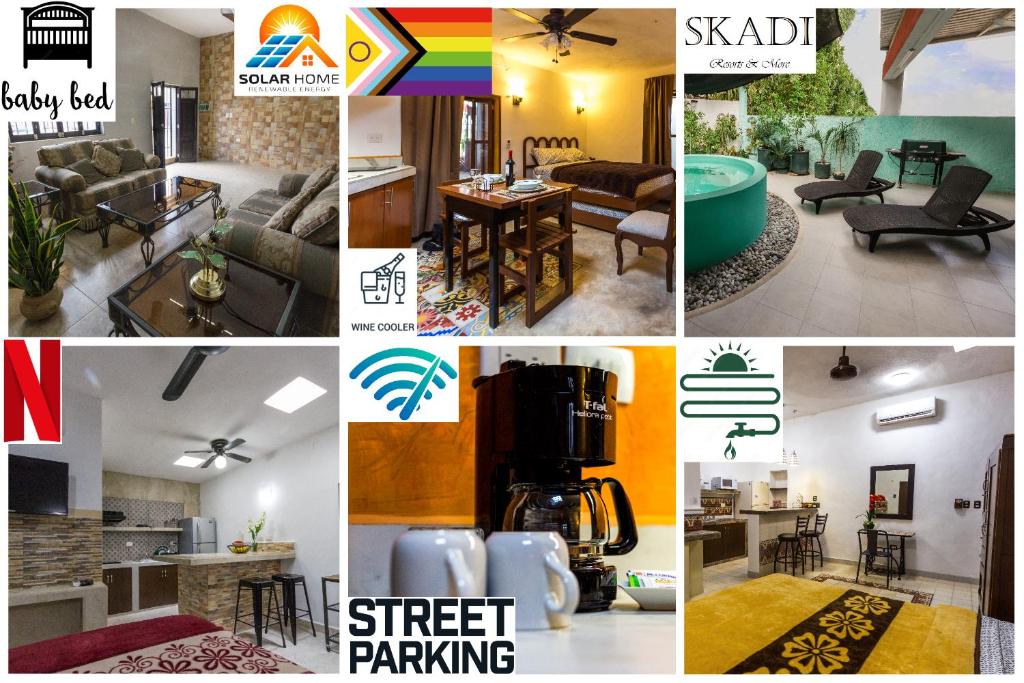 a collage of pictures of a living room and kitchen at Merida Serviced Apartments in Mérida