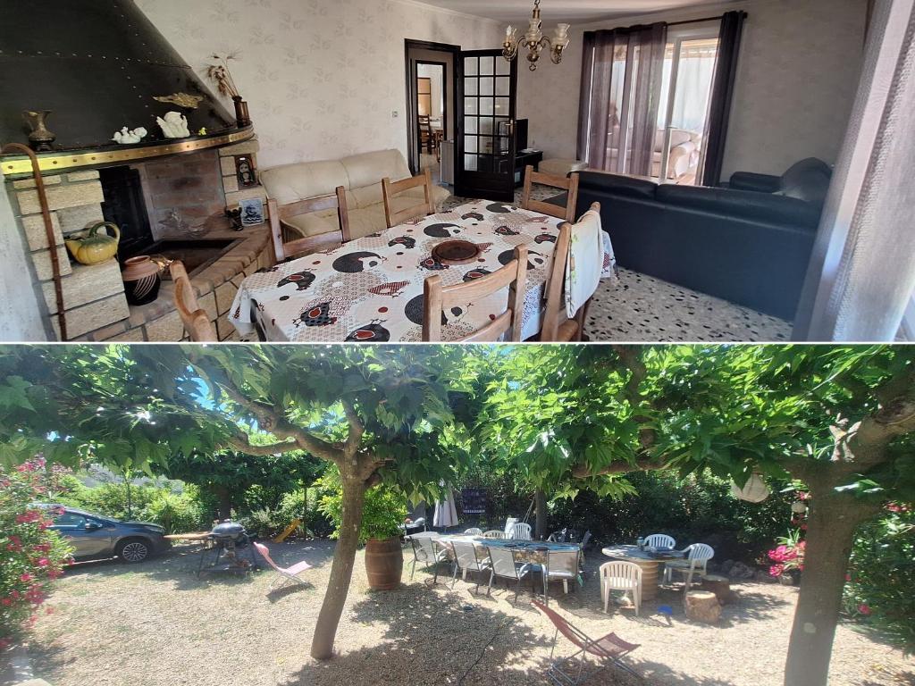 a living room with a bed and a room with a tree at Les mûriers - Etage complet d'une grande maison avec jardin in Argeliers
