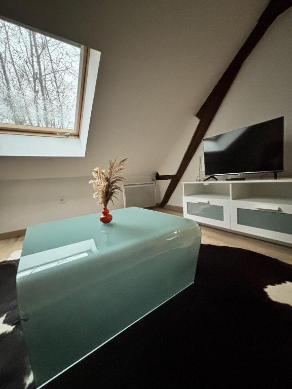 a living room with a green table and a tv at Appart cosy mansardé Dijon gare 1km animaux acceptés in Dijon