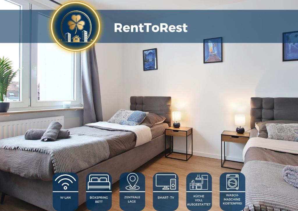 a room with two beds and a sign that says retreatresist at RtR Essen - Für bis zu 8 Personen - Voll ausgestattet - Zentral Limbecker Platz - Messe - Uniklinikum - Smart TV - Modern in Essen