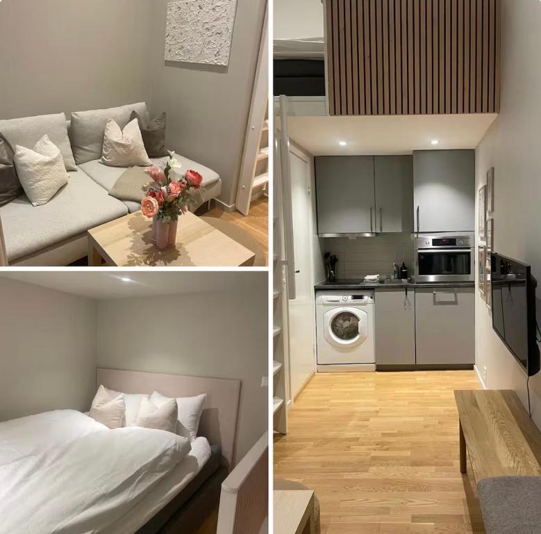 two pictures of a small apartment with a bed and a kitchen at Studio apartment in Sogndal
