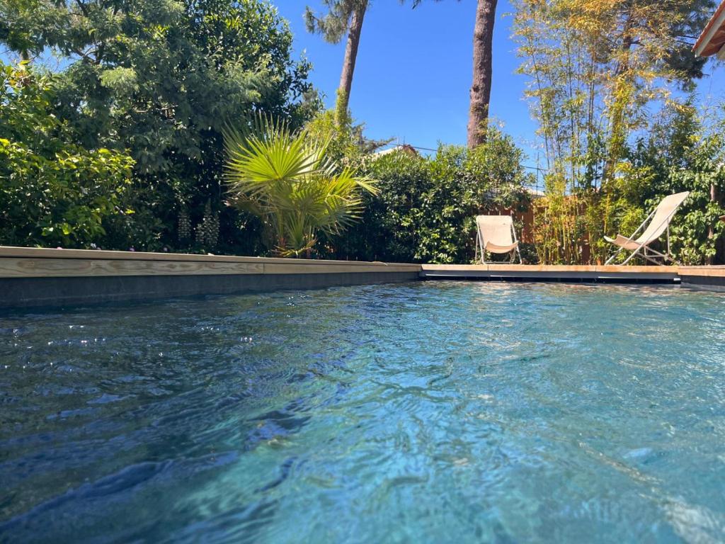 a swimming pool with two chairs in a yard at Authentique Chambre Cabane Cap Ferret Mimbeau in Lège-Cap-Ferret