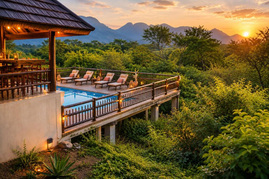 a resort with a pool and chairs on a deck at Amazing mountain views! Solar powered! in Hoedspruit