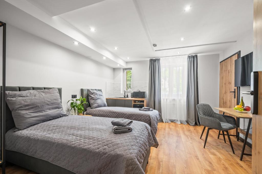 a bedroom with two beds and a desk at Central Platinum Apartments 11 in Rybnik
