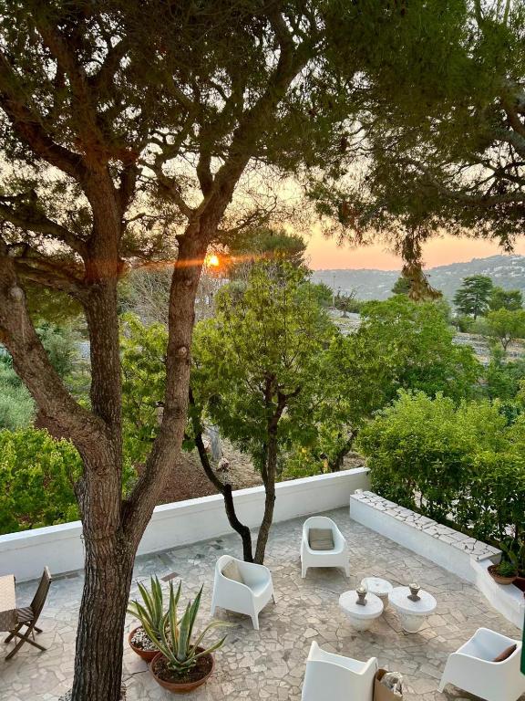 a view of a patio with a tree and chairs at Bianco e Rosmarino in Selva di Fasano