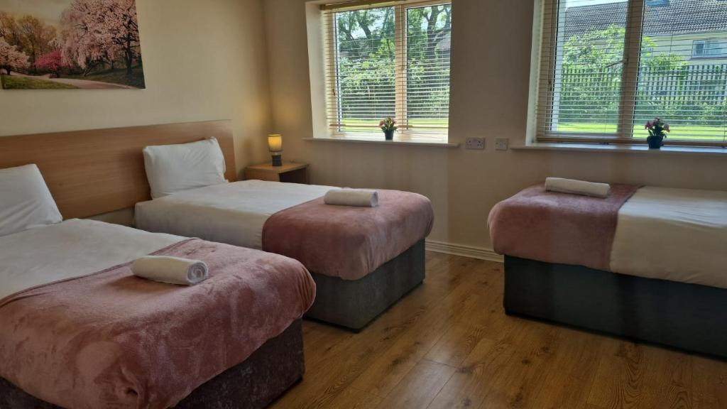 a room with two beds and two windows at Large two bedroom apartment Athlone in Athlone