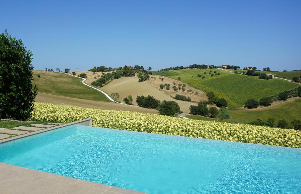 a blue swimming pool in front of a field of flowers at La Cassetta Rossa in Corinaldo