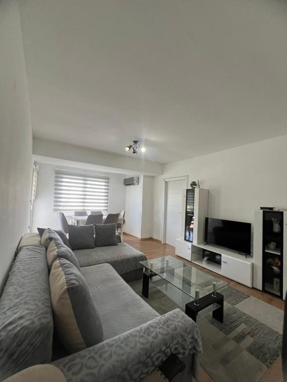 a living room with a couch and a tv at MarBel Apartments in Ohrid