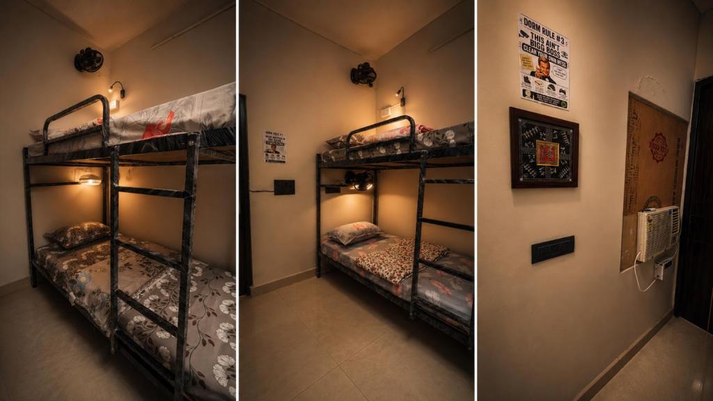 two pictures of a room with bunk beds at Checkpoint backpacker in New Delhi