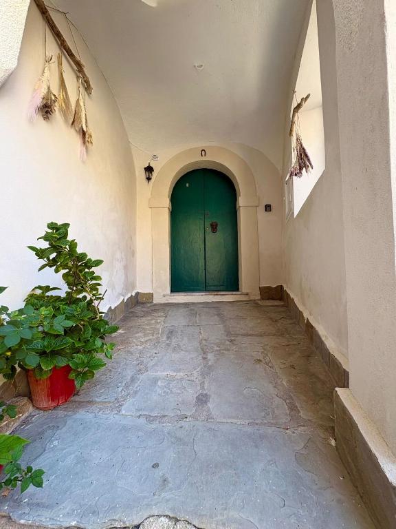 an empty hallway with a green door in a building at Il Cortiletto in Rocca Cilento