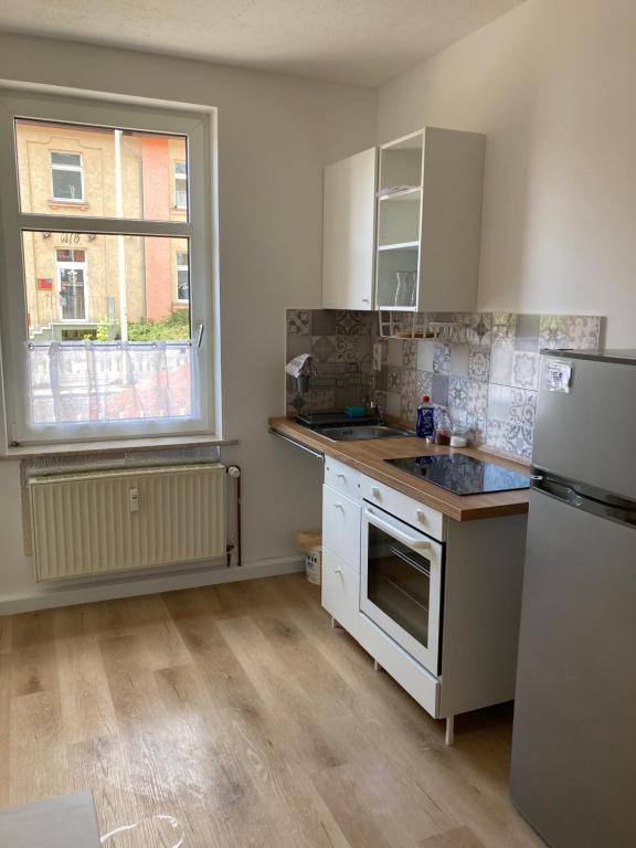 a kitchen with a sink and a refrigerator and a window at Arnold Apartments in Glauchau