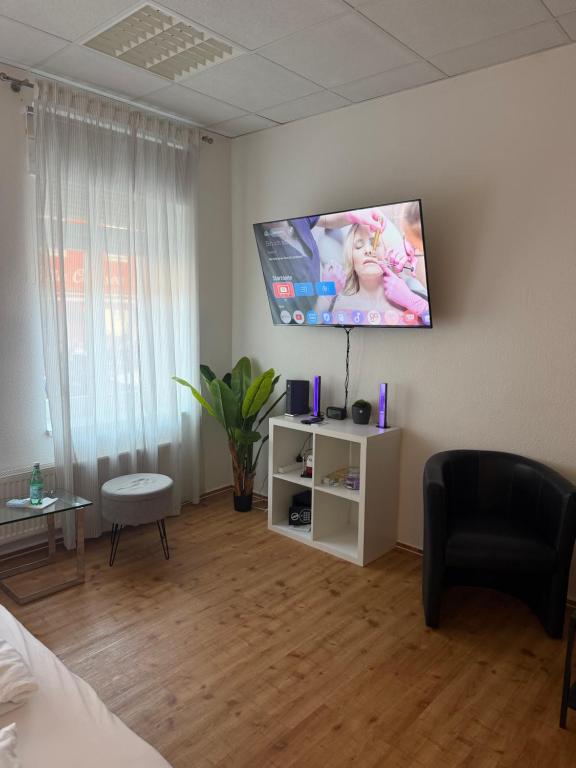 a living room with a flat screen tv on the wall at Klein aber fein in Meiningen in Meiningen