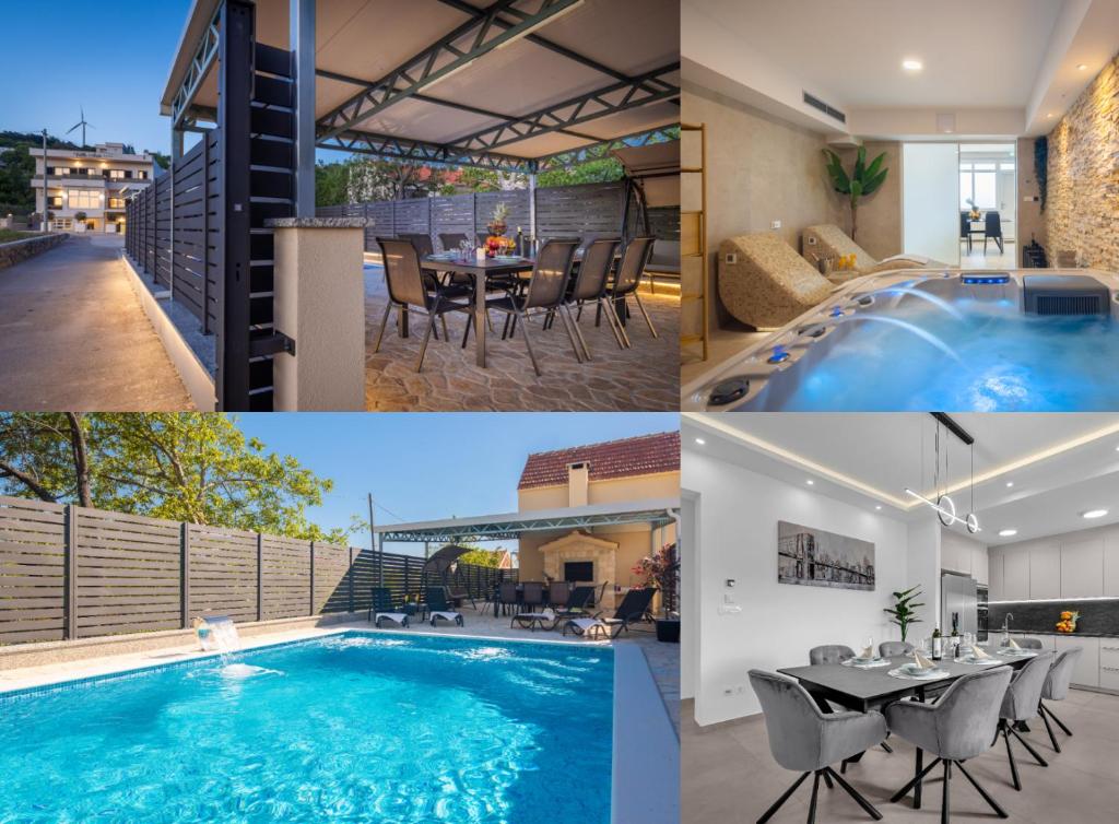 a collage of pictures of a house with a swimming pool at Villa Ante - Private Pool, Wellness & Gym in Šestanovac