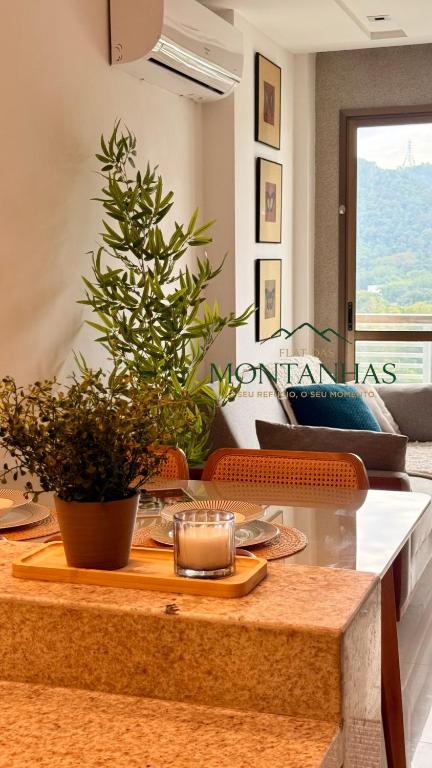 a living room with a table with a plant on it at Flat das Montanhas in Rio de Janeiro
