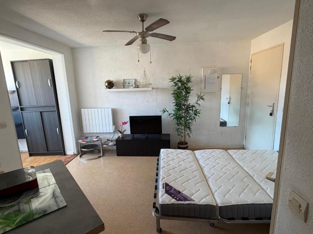a living room with a bed and a ceiling fan at Appartement Port Leucate in Leucate