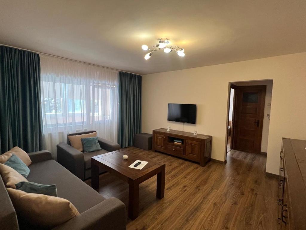 a living room with a couch and a tv at Apartament doua camere in Baia Mare