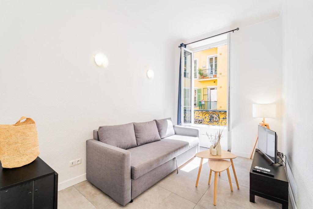 a living room with a couch and a tv at Meilleur emplacement de Nice Charming Flat #3 in La Celle-sous-Gouzon