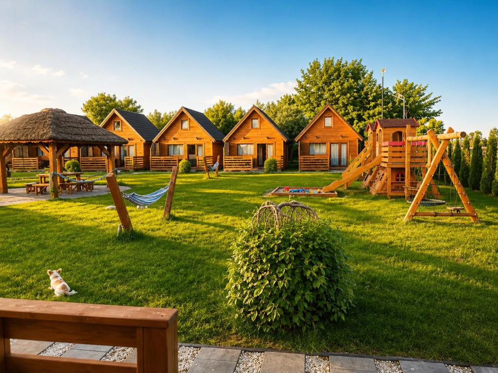 a yard with a playground with wooden houses at Domki Nad Morzem Sobiescy in Stegna