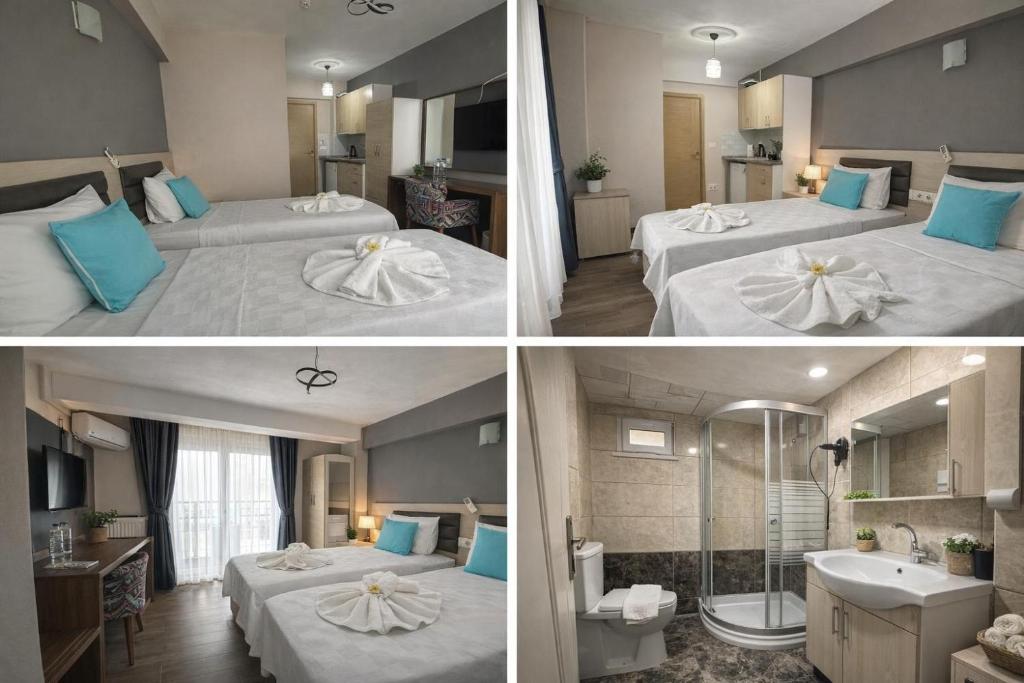 zwei Bilder eines Hotelzimmers mit zwei Betten und einem Badezimmer in der Unterkunft Figen Suite Hotel 2 in Canakkale