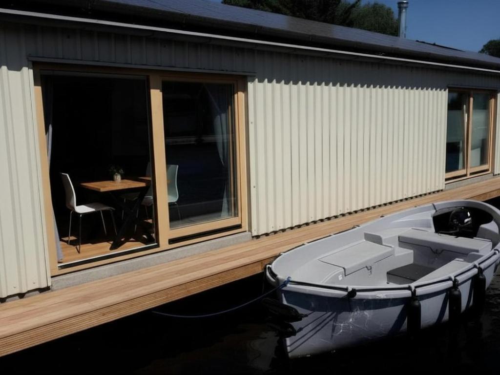 a boat sitting on the water next to a house at B&Boathouse Amsterdam with bikes and motorboat in Amsterdam