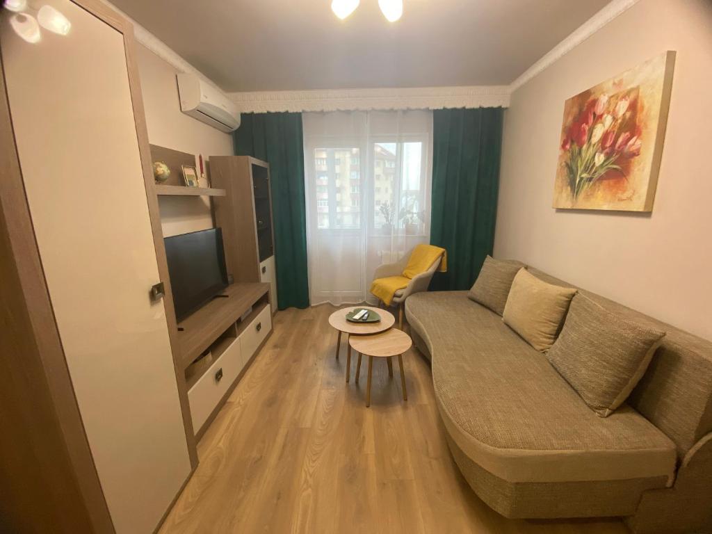 a living room with a couch and a tv at Apartament 29 in Orăştie
