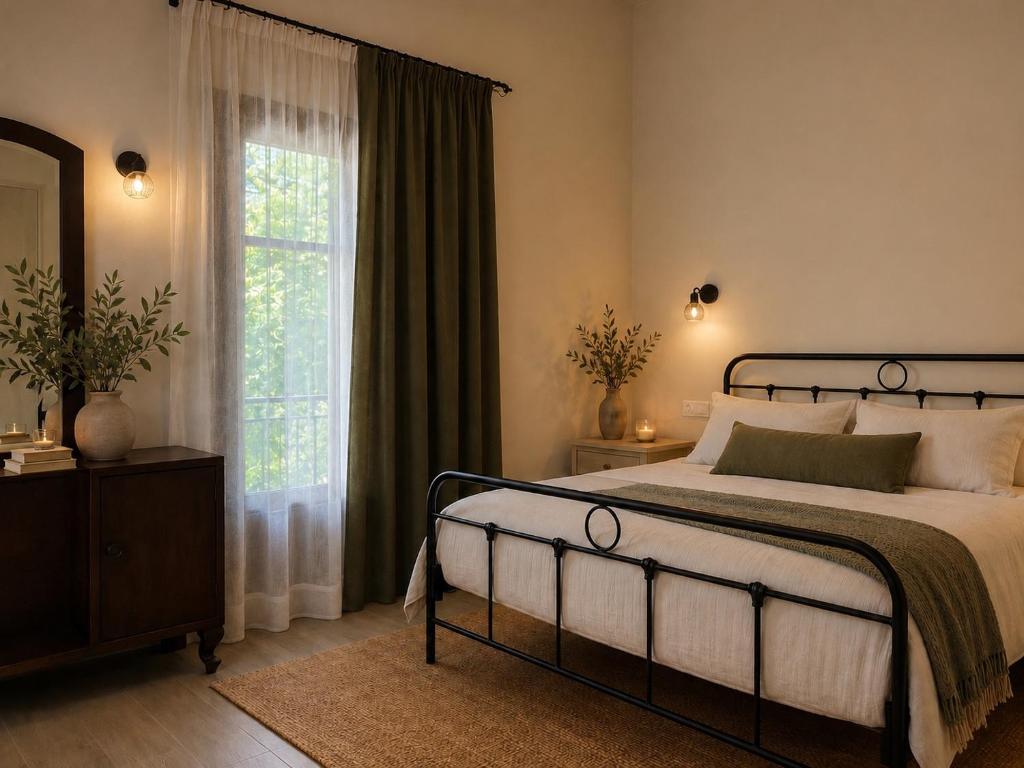 a bedroom with a bed and a large window at Casa Ortensia in Kato Korakiana