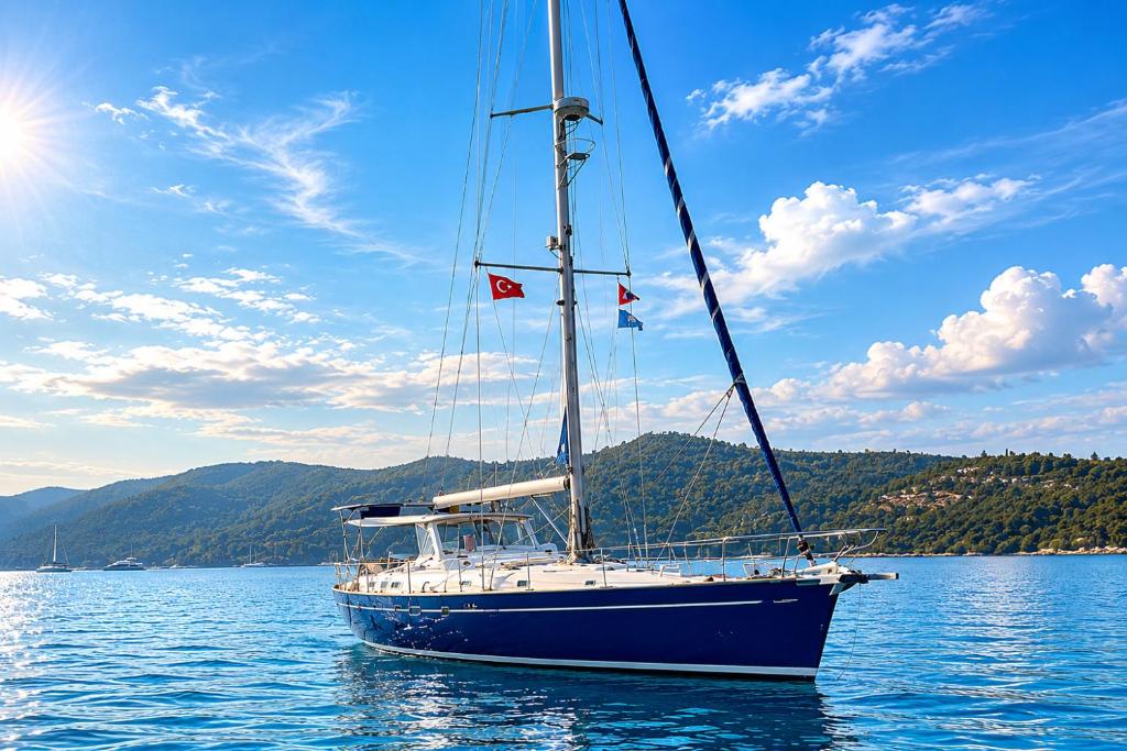 a blue and white sail boat in the water at Каюта in Kotor