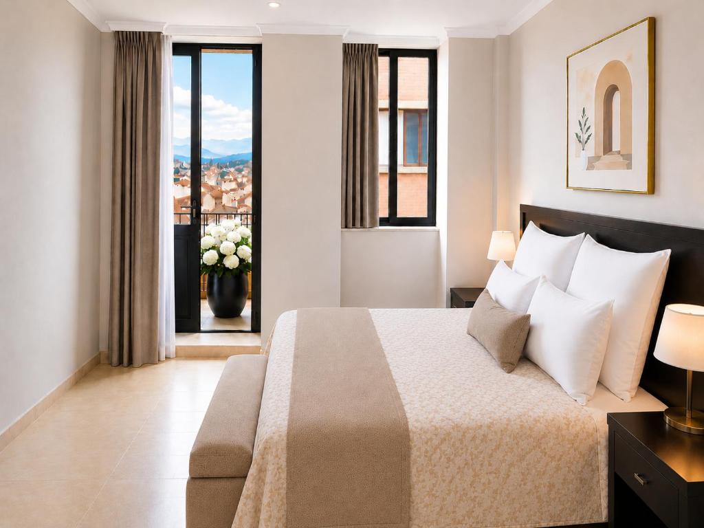 a bedroom with a bed and a window with a view at Hotel Mediterraneo Quito in Quito