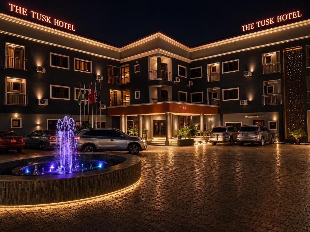 a fountain in front of a hotel at night at The Tusk Hotel in Kuje