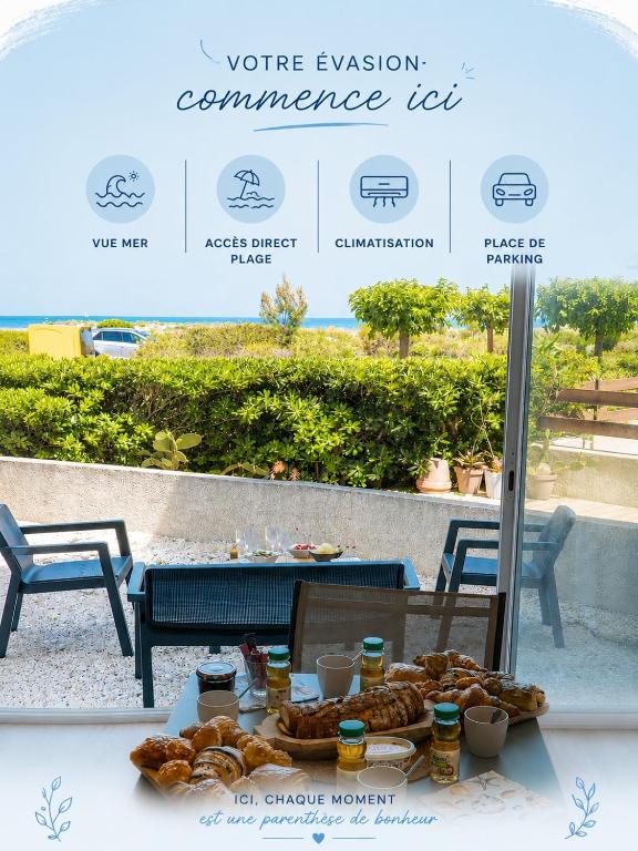 a table with food on it with two chairs at Le Refuge Marin - Vue Mer - Accès direct Plage - Terrasse - Climatisation - Place de Parking in Leucate-Plage
