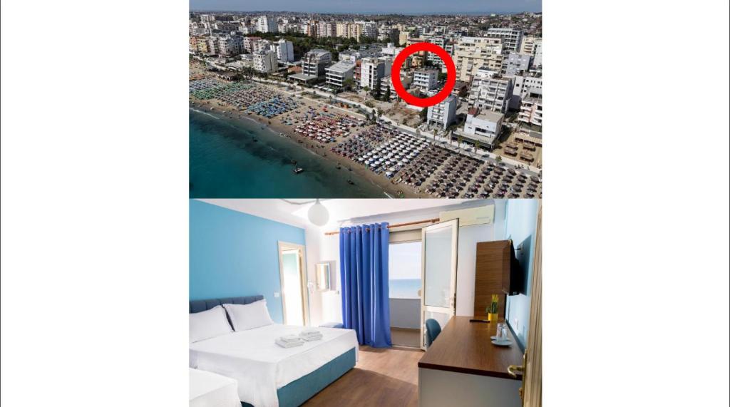 a room with a bed and a view of a city at Hotel Vila MAX in Durrës