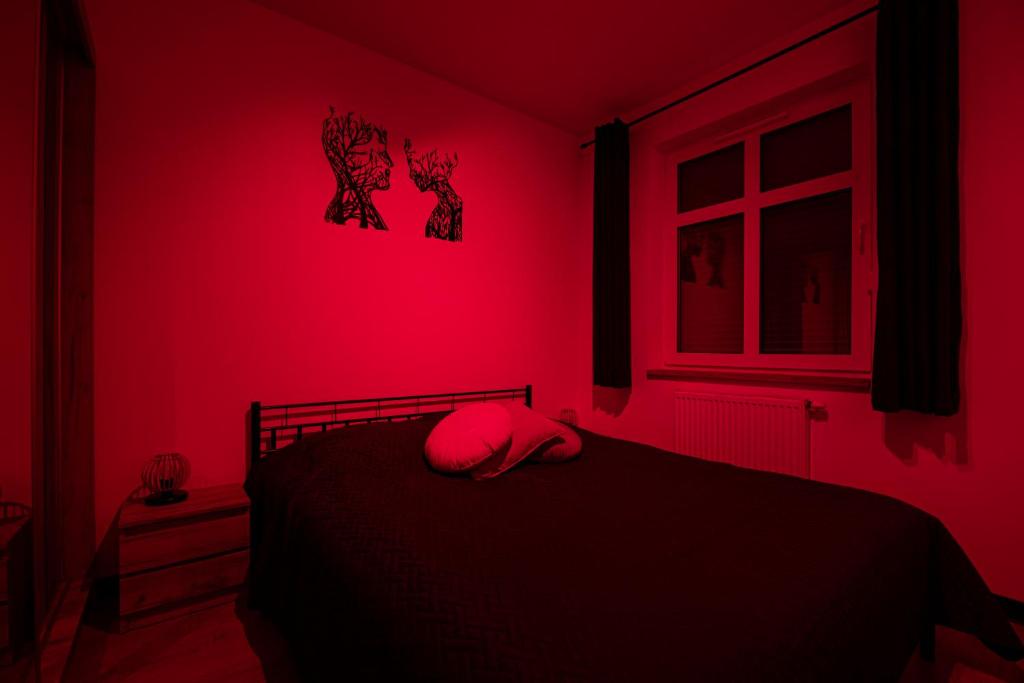 a red bedroom with a black bed with a window at Plac Solny 4 Discreet&Comfort Głogów in Głogów