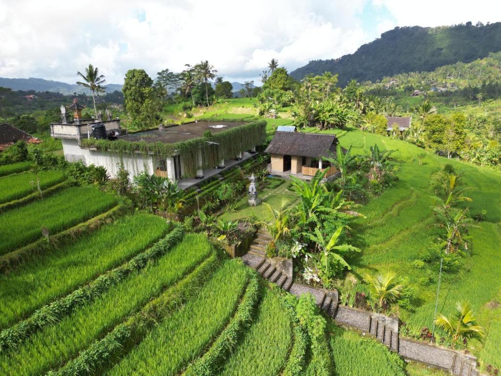 an aerial view of a house in a green field at Chez Lepusa in Sidemen