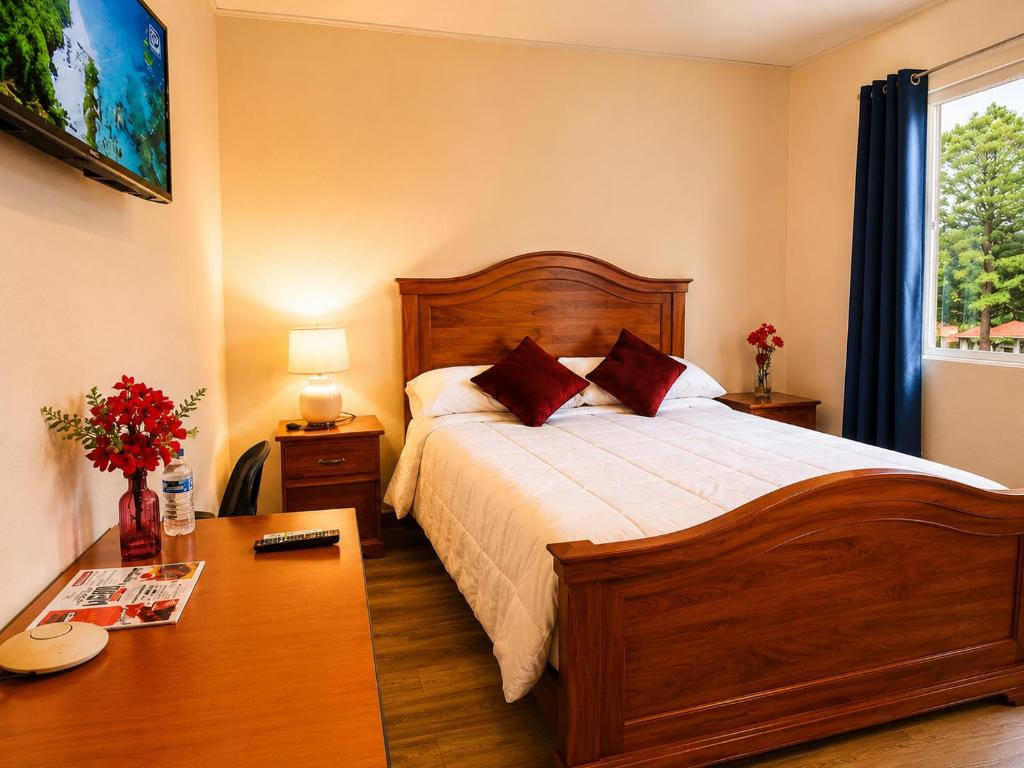a bedroom with a bed and a desk and a window at COCOVIEW Hotel in Valle de Ángeles
