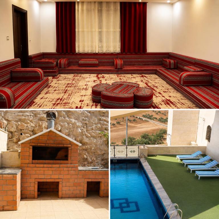 a collage of photos of a pool and a house at مزرعة نسيم جرش in Irbid