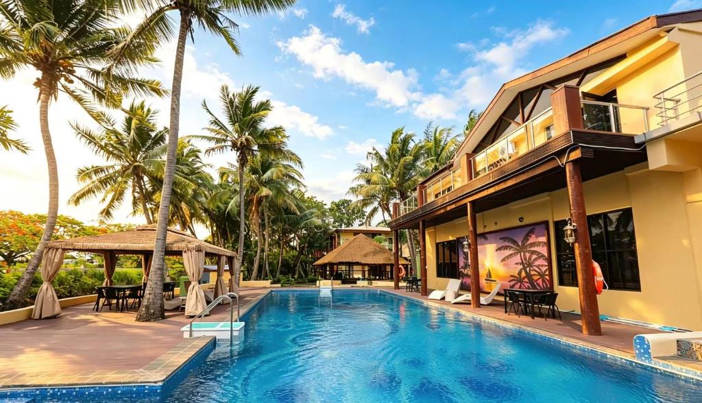 a villa with a swimming pool and palm trees at Rainbow Holiday Resort in Nadi
