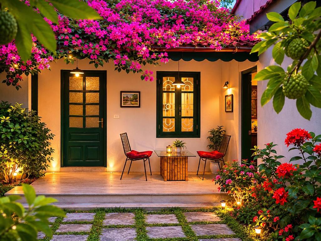 a patio with pink flowers and a green door at Tam Coc Eco House in Ninh Binh