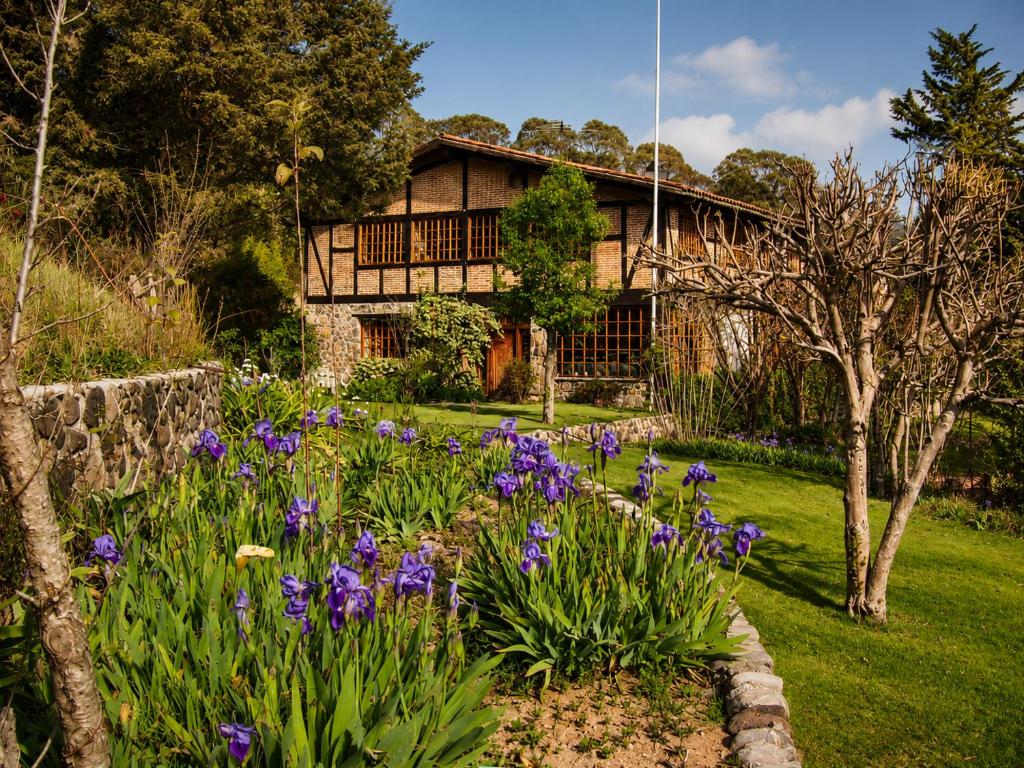 a garden with purple flowers in front of a house at Chalet Ojo de Agua in Jilotepec de Abasolo
