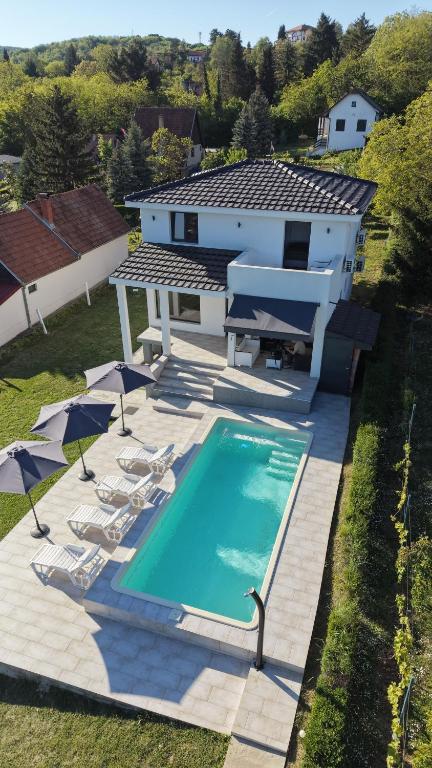 an aerial view of a house with a swimming pool at Villa Kally Fruska Gora in Velika Remeta