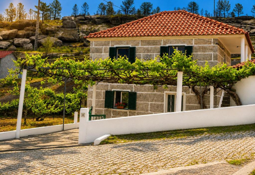 a house with a white fence in front of it at Casa D'os Eiras in Aguiar da Beira