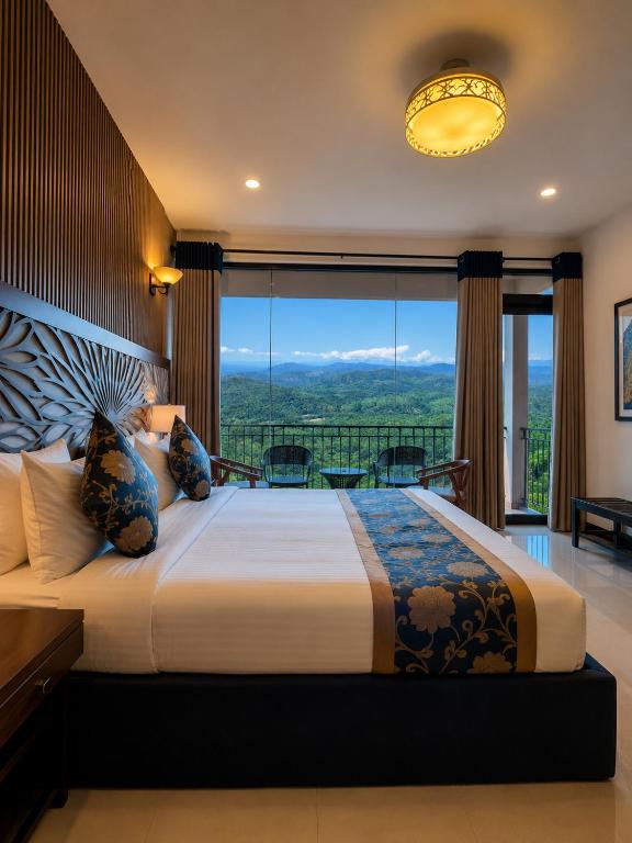a bedroom with a large bed with a large window at Akway Resort Beragala Haputale in Beragala