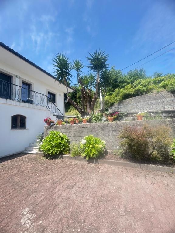 a house with a retaining wall and some plants at Casa das hortensias in Tabaçô