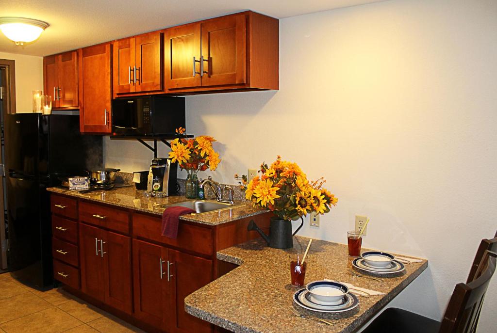 a kitchen with wooden cabinets and a counter top at Crystal Springs Inn and Suites in Towanda