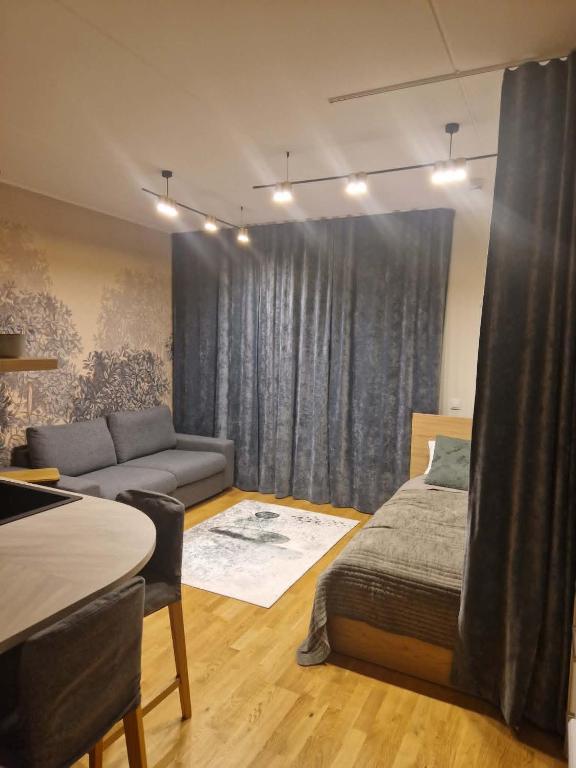 a living room with a bed and a couch at Oja 69-4 Apartment in Pärnu