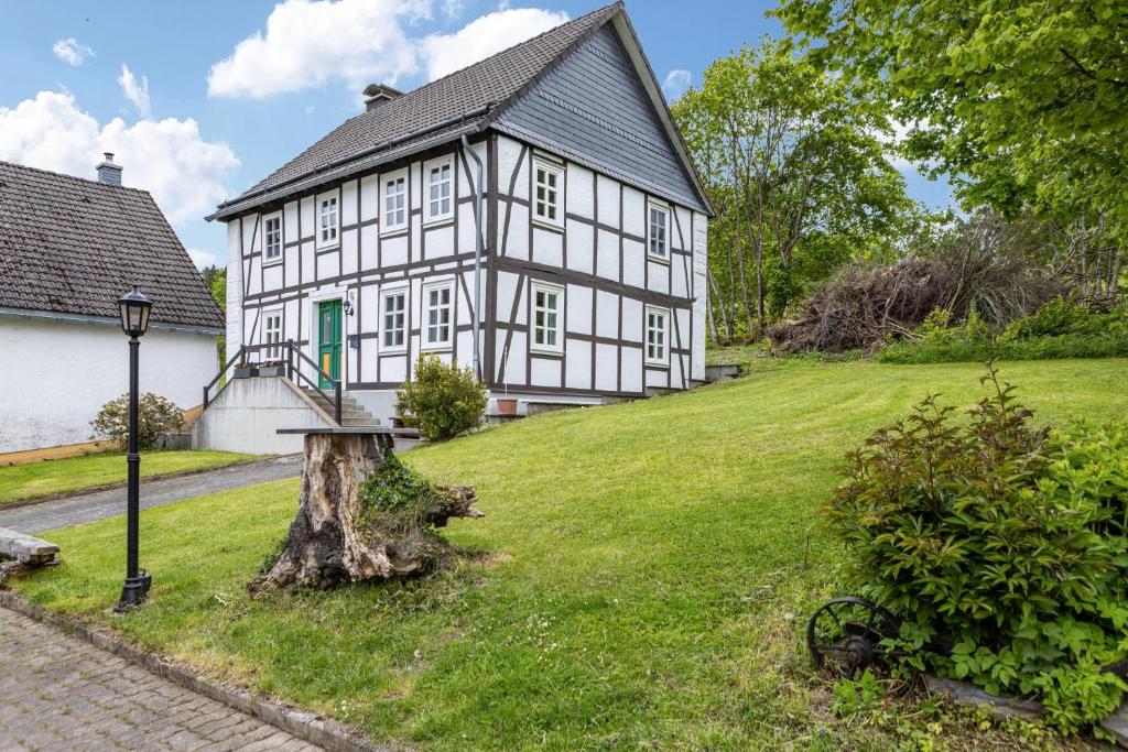 a white house with a tree stump in front of it at Dommelhof Ferienwohnungen in Diemelsee