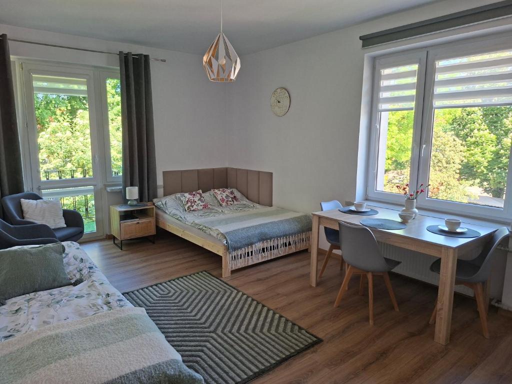 a bedroom with a desk and a bed and a table at Apartament VERDE Malbork centrum in Malbork