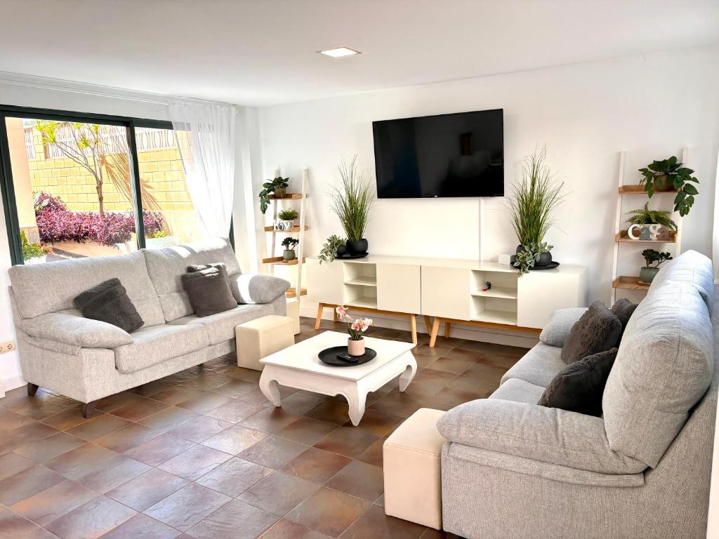 a living room with two couches and a tv at Gandia Confort Treviso in Gandía