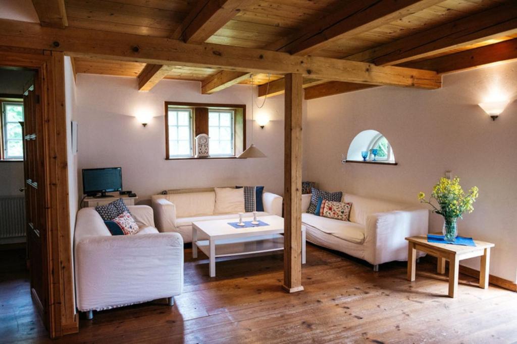 a living room with two couches and a table at Hof Lücke - Ferienwohnung Blau in Twedt