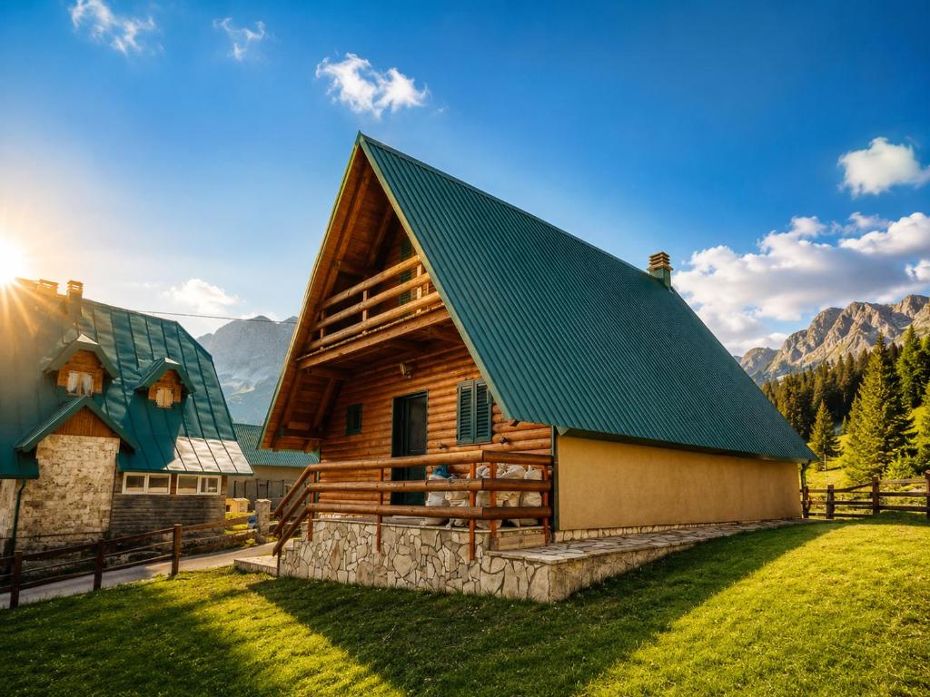 a cabin in the mountains with a green roof at White pine cottage in Motički Gaj